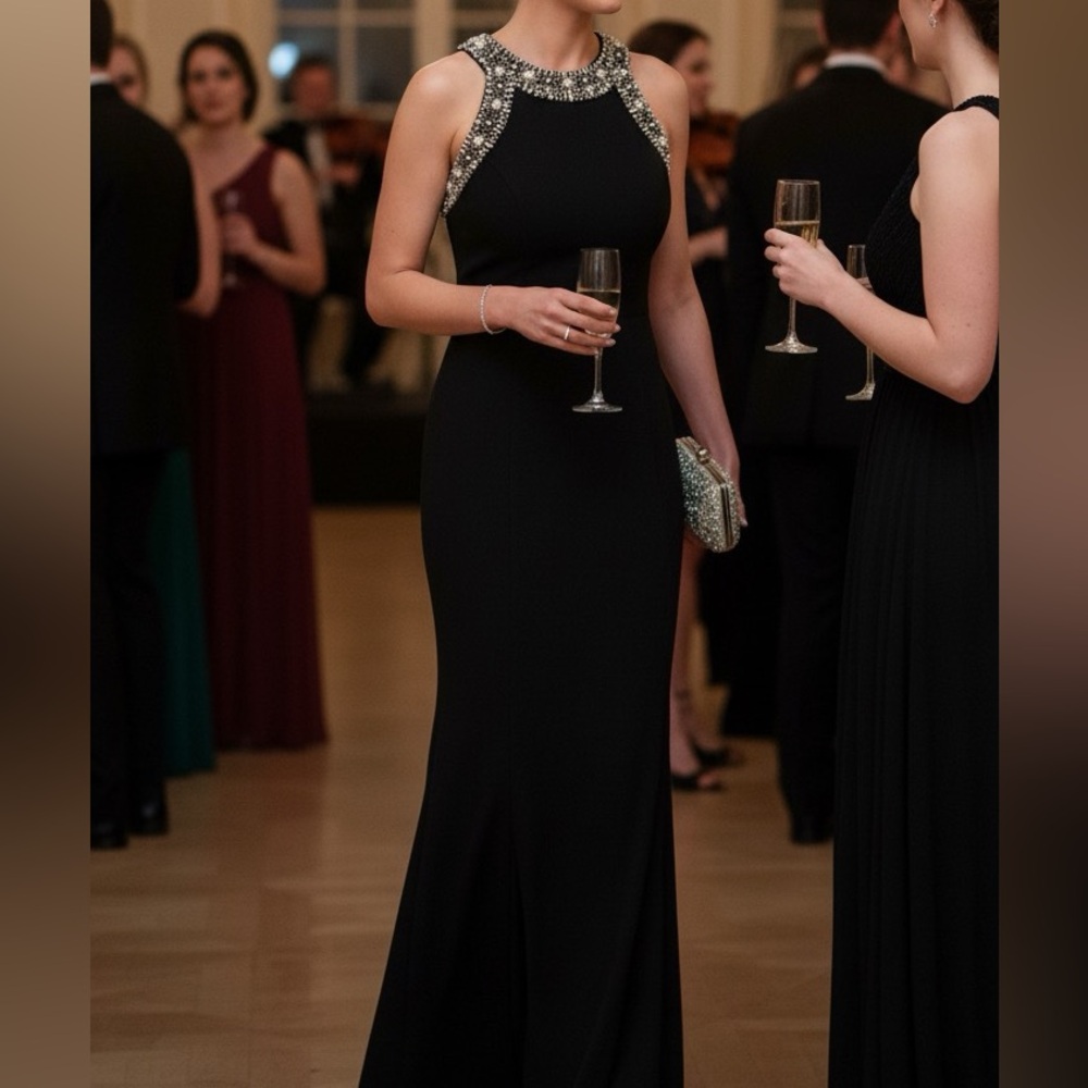 Ignite Evenings Black Beaded Rhinestone Halter Mermaid Gown Dress XS